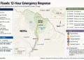 Nepal flood emergency map showing Rasuwa, river corridors, response timeline, hydrological impacts, and current rescue and assessment status.- Journos News, File.