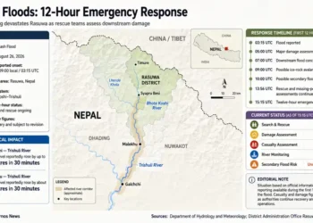 Nepal flood emergency map showing Rasuwa, river corridors, response timeline, hydrological impacts, and current rescue and assessment status.- Journos News, File.