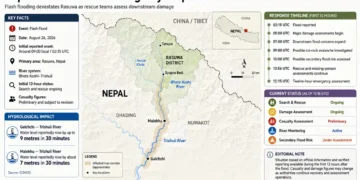 Nepal flood emergency map showing Rasuwa, river corridors, response timeline, hydrological impacts, and current rescue and assessment status.- Journos News, File.