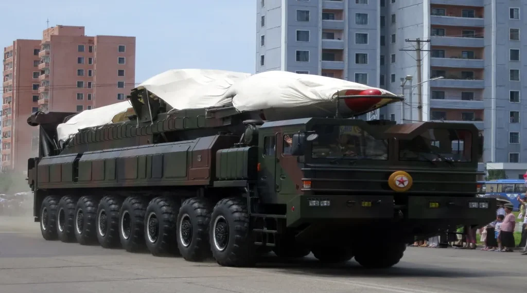 A North Korean ballistic missile is displayed on a transporter vehicle during the Victory Day military parade in Pyongyang.