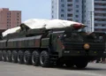 A North Korean ballistic missile is displayed on a transporter vehicle during the Victory Day military parade in Pyongyang.