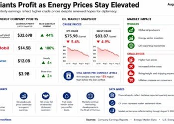 Business dashboard comparing quarterly profits of major global oil companies alongside crude oil prices, market impacts, and key energy industry indicators.