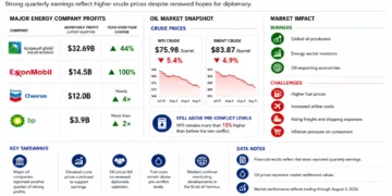 Business dashboard comparing quarterly profits of major global oil companies alongside crude oil prices, market impacts, and key energy industry indicators.