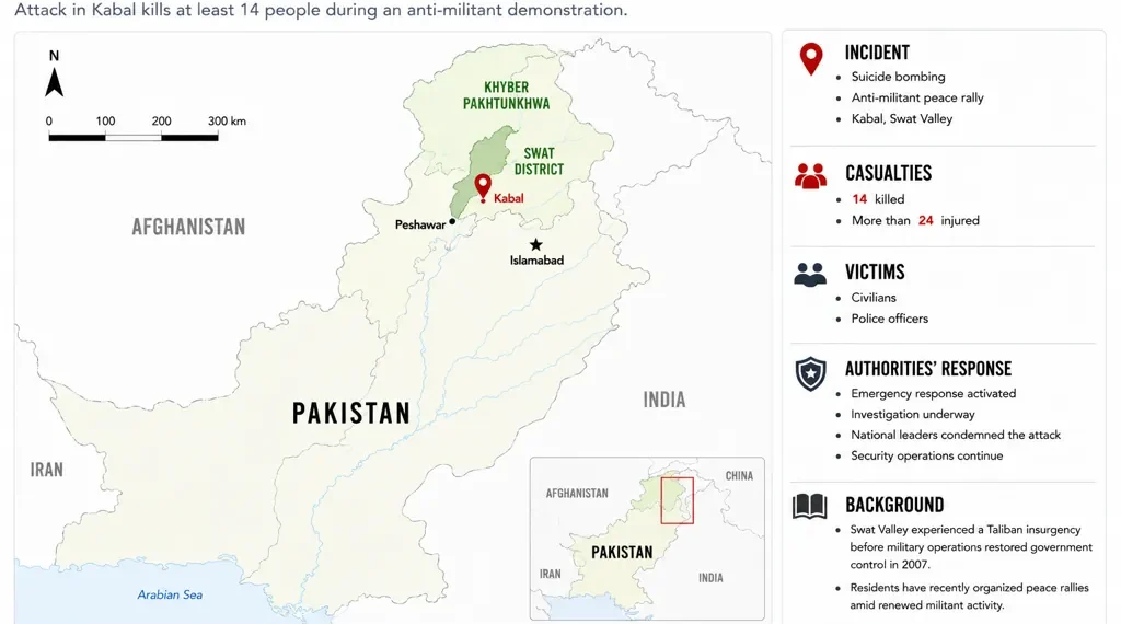 Locator map showing the reported site of a suicide bombing at a peace rally in Kabal, Swat District, Khyber Pakhtunkhwa, Pakistan, with incident details and geographic context.