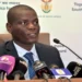 South African Ministers Ronald Lamola and Bheki Cele address a media briefing on government measures to combat the COVID-19 pandemic.