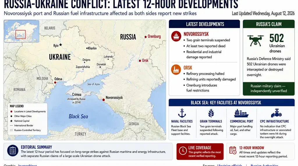 Russia-Ukraine conflict graphic showing reported strikes, Novorossiysk and Orsk infrastructure impacts, and Russian drone claims.