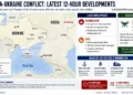 Russia-Ukraine conflict graphic showing reported strikes, Novorossiysk and Orsk infrastructure impacts, and Russian drone claims.