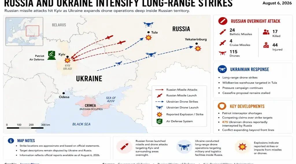 Editorial map showing Russian missile strikes on Kyiv and Ukrainian long-range drone attacks inside Russia, including reported strike locations and military activity as of Aug. 6, 2026.
