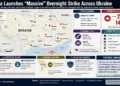 JournosNews graphic maps Russia’s August 27, 2026 overnight strikes across Ukraine, showing reported attacks, casualties, weapons and infrastructure damage — Journos News, File.