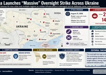 JournosNews graphic maps Russia’s August 27, 2026 overnight strikes across Ukraine, showing reported attacks, casualties, weapons and infrastructure damage — Journos News, File.
