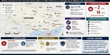 JournosNews graphic maps Russia’s August 27, 2026 overnight strikes across Ukraine, showing reported attacks, casualties, weapons and infrastructure damage — Journos News, File.