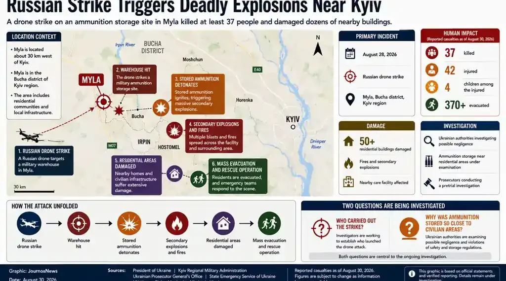 Journos News graphic maps a Russian drone strike on a Myla ammunition storage site near Kyiv, subsequent explosions, damage and evacuation.