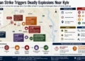 Journos News graphic maps a Russian drone strike on a Myla ammunition storage site near Kyiv, subsequent explosions, damage and evacuation.