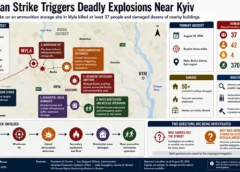 Journos News graphic maps a Russian drone strike on a Myla ammunition storage site near Kyiv, subsequent explosions, damage and evacuation.