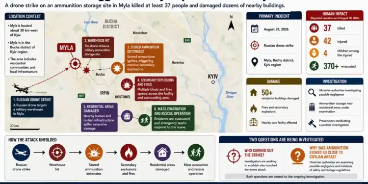 Journos News graphic maps a Russian drone strike on a Myla ammunition storage site near Kyiv, subsequent explosions, damage and evacuation.
