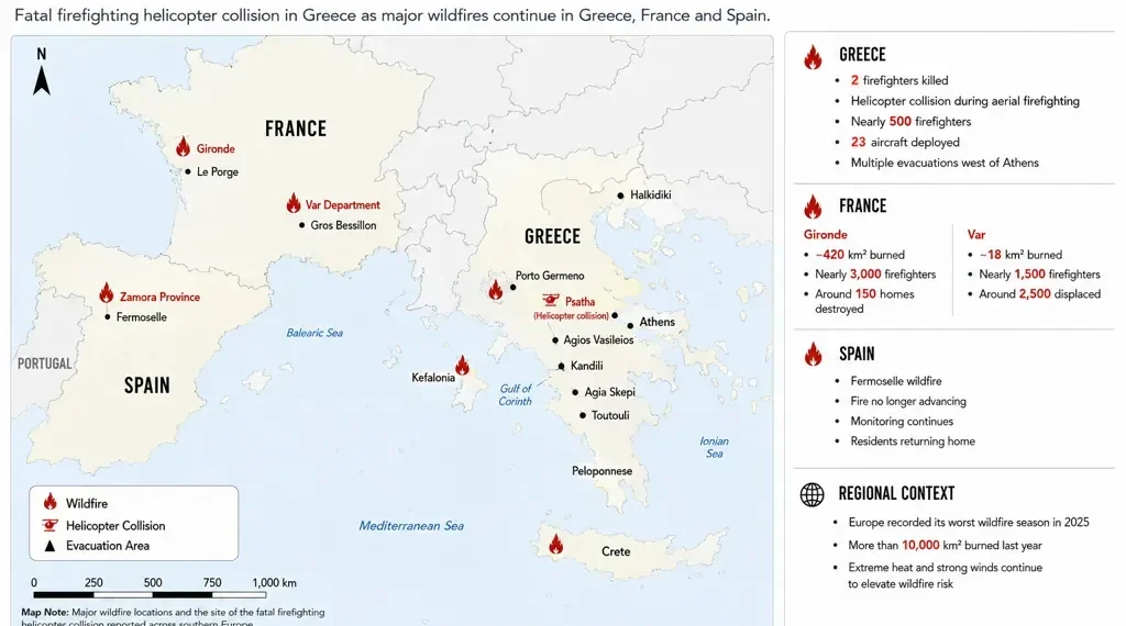 Regional locator map showing major wildfire locations in Greece, France, and Spain, including the site of a fatal firefighting helicopter collision in Greece and key wildfire impacts.