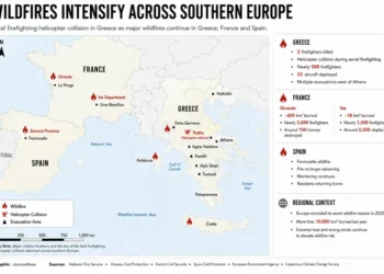 Regional locator map showing major wildfire locations in Greece, France, and Spain, including the site of a fatal firefighting helicopter collision in Greece and key wildfire impacts.