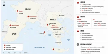 Regional locator map showing major wildfire locations in Greece, France, and Spain, including the site of a fatal firefighting helicopter collision in Greece and key wildfire impacts.