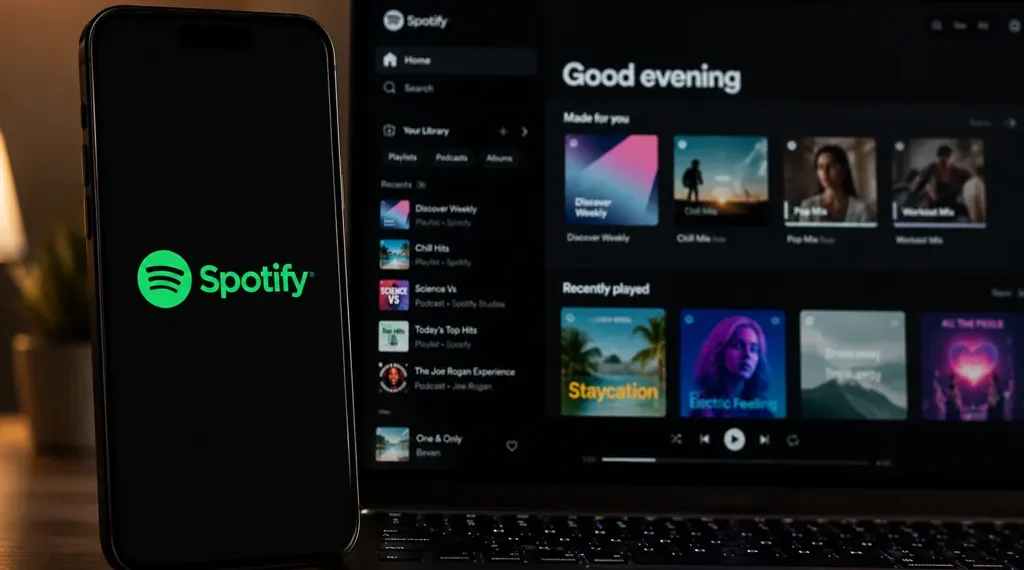 Spotify app displayed on a laptop beside a mobile phone showing the Spotify logo on a dark desktop setting.