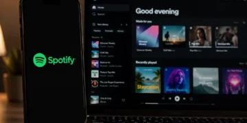 Spotify app displayed on a laptop beside a mobile phone showing the Spotify logo on a dark desktop setting.
