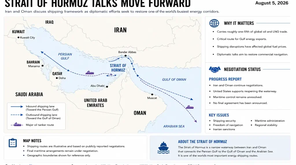 Locator map of the Strait of Hormuz showing major international shipping lanes between the Persian Gulf and Gulf of Oman, alongside the locations of Iran, Oman, and neighboring Gulf states.