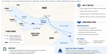 Locator map of the Strait of Hormuz showing major international shipping lanes between the Persian Gulf and Gulf of Oman, alongside the locations of Iran, Oman, and neighboring Gulf states.