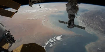 Strait of Hormuz connecting the Gulf of Oman and Persian Gulf, photographed from the International Space Station.