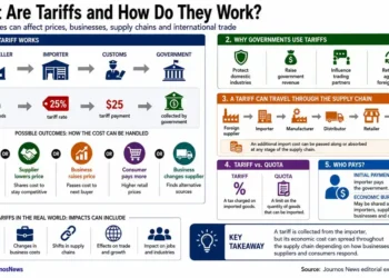 Journos News explainer graphic showing how tariffs work, who pays them, supply-chain effects, government purposes, quotas and consumer impacts.