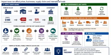 Journos News explainer graphic showing how tariffs work, who pays them, supply-chain effects, government purposes, quotas and consumer impacts.