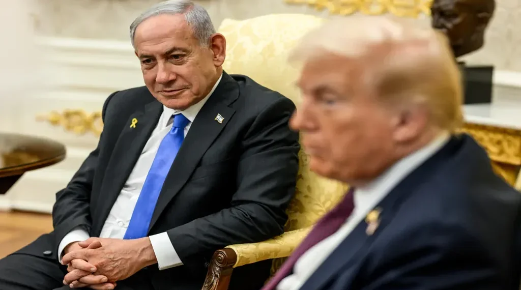 U.S. President Donald Trump meets Israeli Prime Minister Benjamin Netanyahu in the Oval Office to discuss a Gaza peace plan.