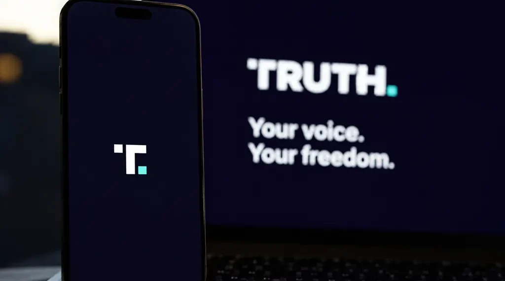 Truth Social branding displayed on a smartphone beside a laptop showing the platform's desktop interface.