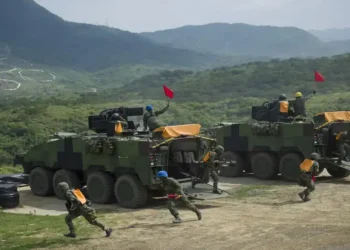 Former Taiwan President Tsai Ing-wen observes military personnel and equipment during the Han Kuang 32 military exercise in Pingtung County.