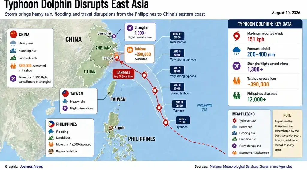 Map showing Typhoon Dolphin tracking from the Philippines toward Taiwan and China, with rainfall, flooding, evacuations and flight disruptions.