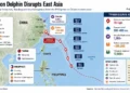 Map showing Typhoon Dolphin tracking from the Philippines toward Taiwan and China, with rainfall, flooding, evacuations and flight disruptions.