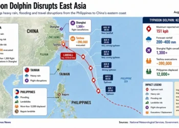 Map showing Typhoon Dolphin tracking from the Philippines toward Taiwan and China, with rainfall, flooding, evacuations and flight disruptions.