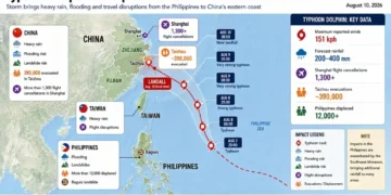 Map showing Typhoon Dolphin tracking from the Philippines toward Taiwan and China, with rainfall, flooding, evacuations and flight disruptions.