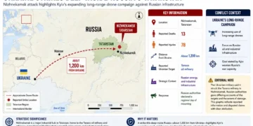 Map showing reported Ukrainian drone strike on Nizhnekamsk in Russia's Tatarstan and the approximate distance from Ukraine