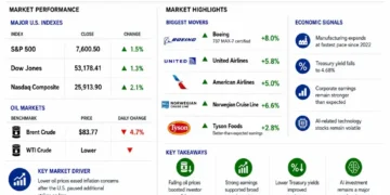 Business dashboard showing U.S. stock market gains, declining oil prices, major market movers, and key economic indicators on August 4, 2026.