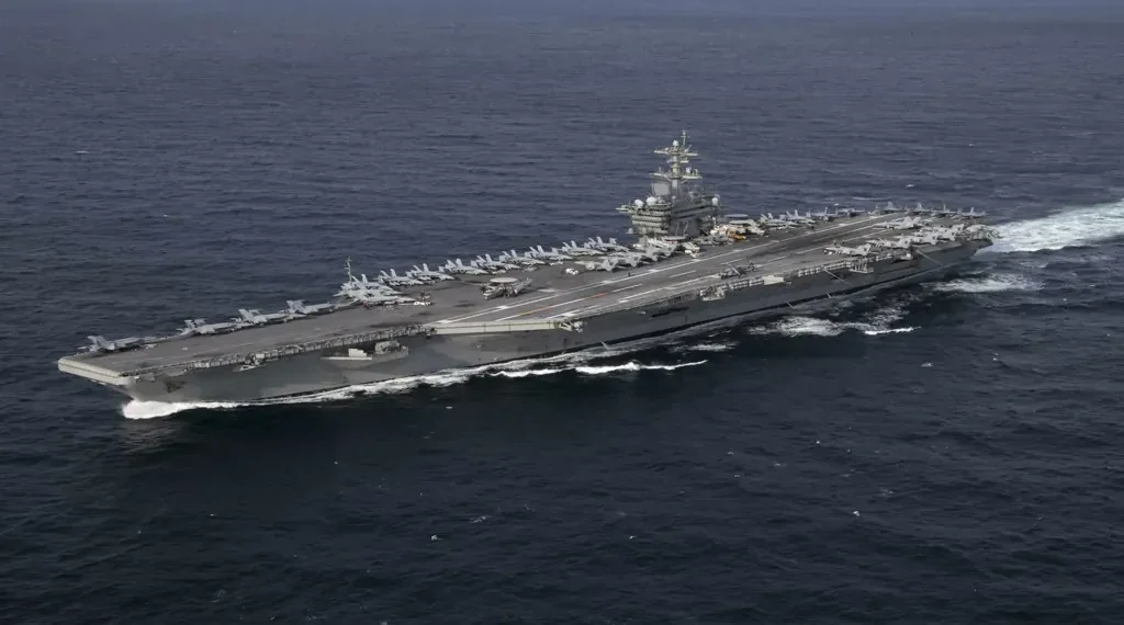 USS Abraham Lincoln aircraft carrier underway in the Atlantic Ocean during a U.S. Navy training exercise.
