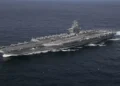 USS Abraham Lincoln aircraft carrier underway in the Atlantic Ocean during a U.S. Navy training exercise.