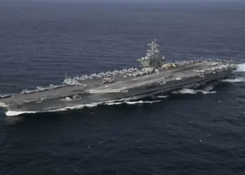 USS Abraham Lincoln aircraft carrier underway in the Atlantic Ocean during a U.S. Navy training exercise.