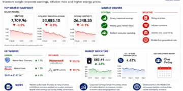Business market dashboard showing Wall Street indexes, oil prices, Treasury yields, market movers and investor sentiment at the close of trading on August 7, 2026.