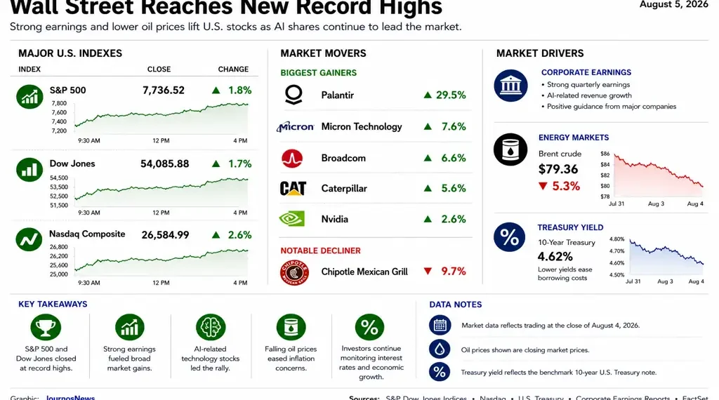 Business dashboard showing U.S. stock indexes reaching record highs, major market gainers, declining oil prices, Treasury yields, and key drivers behind the Wall Street rally.