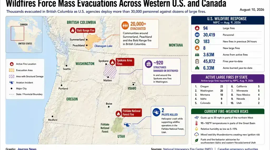 Map showing wildfire evacuations, active fires, damaged structures and firefighting response across British Columbia and the western United States.