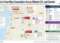 Map showing wildfire evacuations, active fires, damaged structures and firefighting response across British Columbia and the western United States.