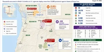 Map showing wildfire evacuations, active fires, damaged structures and firefighting response across British Columbia and the western United States.