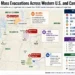 Map showing wildfire evacuations, active fires, damaged structures and firefighting response across British Columbia and the western United States.