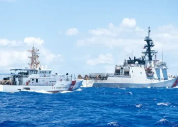 U.S. Coast Guard cutters Stratton and Myrtle Hazard transit the Philippine Sea near Guam during an Indo-Pacific patrol.