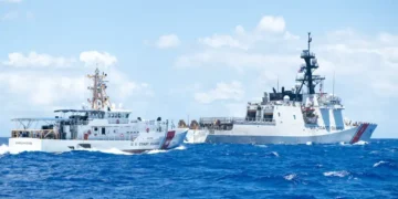 U.S. Coast Guard cutters Stratton and Myrtle Hazard transit the Philippine Sea near Guam during an Indo-Pacific patrol.