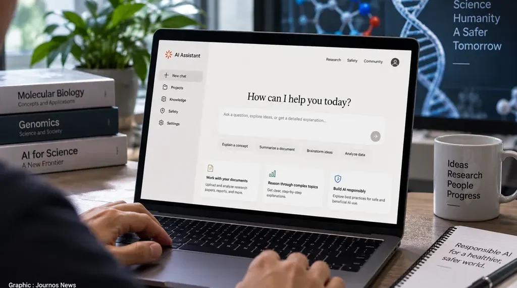 Person using an AI assistant on a laptop for scientific research, document analysis, complex topics, and responsible artificial intelligence use.